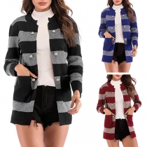 Fashion Long Sleeve Front Button Striped Knit Cardigan