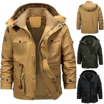 Fashion Solid Color Long Sleeve Hooded Plush Lining Men's Coat
