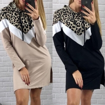 Fashion Leopard Spliced Long Sleeve Hooded Sweatshirt Dress