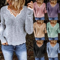 Fashion Solid Color Long Sleeve V-neck Knit Top