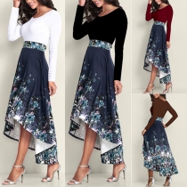 Fashion Long Sleeve Round Neck Printed Spliced High-low Hem Dress