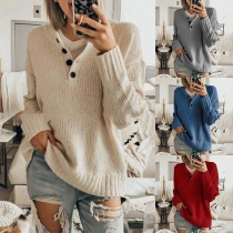 Fashion Solid Color Long Sleeve Button V-neck Sweater