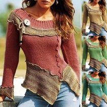 Fashion Contrast Color Long Sleeve Round Neck Irregular Hem Sweater