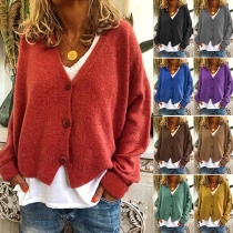 Casual Style Long Sleeve V-neck Solid Color Knit Cardigan