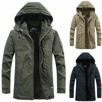 Fashion Solid Color Long Sleeve Hooded Plush Lining Man's Coat