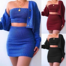Sexy Solid Color Bandeau + Skirt + Cardigan Three-piece Set
