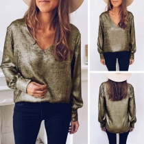 Sexy V-neck Long Sleeve Gold-tone Top