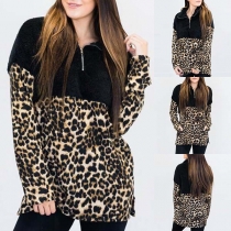 Fashion Long Sleeve Stand Collar Leopard Spliced Plush Sweatshirt