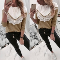 Fashion Contrast Color Long Sleeve Round Neck Lace Spliced Top