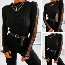 Sexy Lace Spliced Long Sleeve Round Neck Slim Fit Top