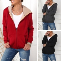 Fashion Solid Color Long Sleeve Hooded Plush Lining Sweatshirt Coat