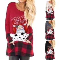 Cute Santa Claus Printed Plaid Spliced Long Sleeve T-shirt