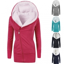 Fashion Solid Color Oblique Zipper Plush Lining Hooded Coat