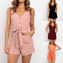 Sexy V-neck Sleeveless Front-button High Waist Romper