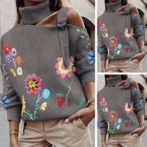 Sexy Off-shoulder Long Sleeve Turtleneck Embroidered Sweater