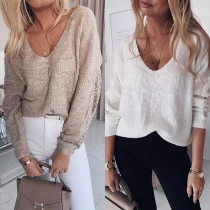 Sexy V-neck Long Sleeve V-neck Solid Color Knit Top