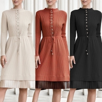 Elegant Solid Color Long Sleeve Pleated Spliced Hem Knit Dress