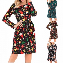 Fashion Long Sleeve Round Neck High Waist Printed Christmas Dress