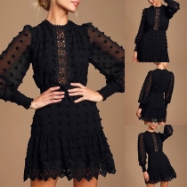 Sexy Long Sleeve Round Neck High Waist Lace Spliced Dress