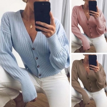 Sexy V-neck Long Sleeve Solid Color Knit Cardigan