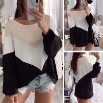Fashion Contrast Color Lantern Sleeve Round Neck Loose T-shirt