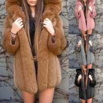 Fashion Solid Color Long Sleeve Hooded Faux Fur Coat（Size Run Small）