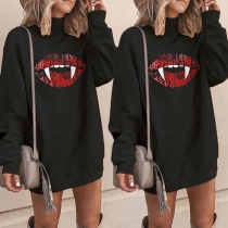 Chic Style Red-lip Printed Long Sleeve Mock Neck Sweatshirt Dress
