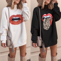 Fashion Lip Printed Long Sleeve Mock Neck Sweatshirt Dress