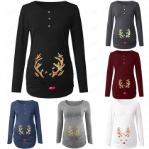 Cute Antler Printed Long Sleeve Round Neck Maternity T-shirt