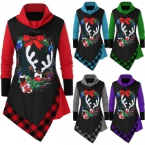 Cute Elk Printed Long Sleeve Irregular Hem Cowl Neck Top