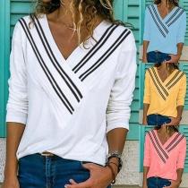 Fashion Striped Spliced V-neck Long Sleeve T-shirt