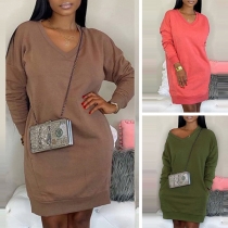 Simple Style Long Sleeve V-neck Solid Color Dress
