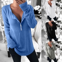 Fashion Solid Color Long Sleeve V-neck Loose T-shirt