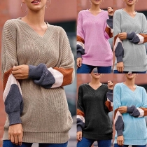 Fashion Contrast Color Lantern Sleeve V-neck Loose Sweater
