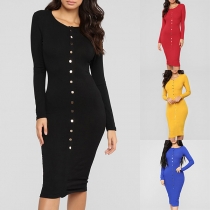 Fashion Solid Color Round Neck Front-button Slim Fit Dress