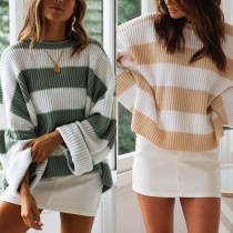 Fashion Long Sleeve Round Neck Loose Striped Knit Top
