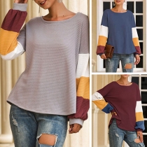 Fashion Contrast Color Lantern Sleeve Round Neck T-shirt
