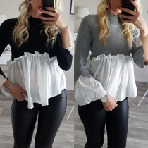 Chic Style Trumpet Sleeve Mock Neck Chiffon Spliced Hem Top