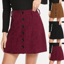Fashion Solid Color High Waist Front-button Skirt