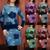 Fashion Long Sleeve Round Neck Slim Fit Printed Dress
