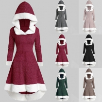 Fashion Plush Spliced Long Sleeve Hooded High-low Hem Dress
