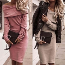 Sexy Boat Neck Long Sleeve Solid Color Slim Fit Dress