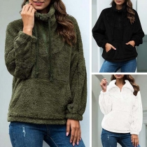 Fashion Solid Color Long Sleeve Stand Collar Plush Sweatshirt