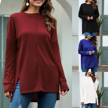 Fashion Solid Color Long Sleeve Round Neck High-low Hem T-shirt