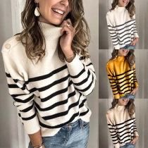 Fashion Long Sleeve Mock Neck Striped Spliced Knit Top