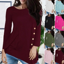 Fashion Solid Color Long Sleeve Round Nekc Side-button T-shirt