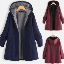 Fashion Solid Color Long Sleeve Hooded Plush Lining Coat