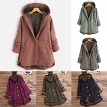 Fashion Long Sleeve Hooded Plush Lining Plaid Printed Coat