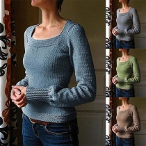 Fashion Solid Color Long Sleeve Square Collar Knit Top