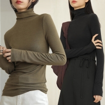 Simple Style Long Sleeve Solid Color Cowl Neck T-shirt
